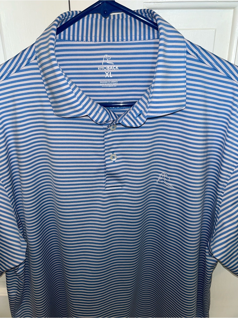 Rhoback Striped Blue and White Performance Birdie Polo